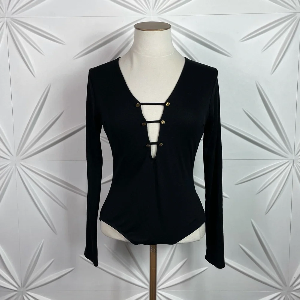 Bodysuit Plunging Neck Line & Gold Buttons - Picture 9 of 9